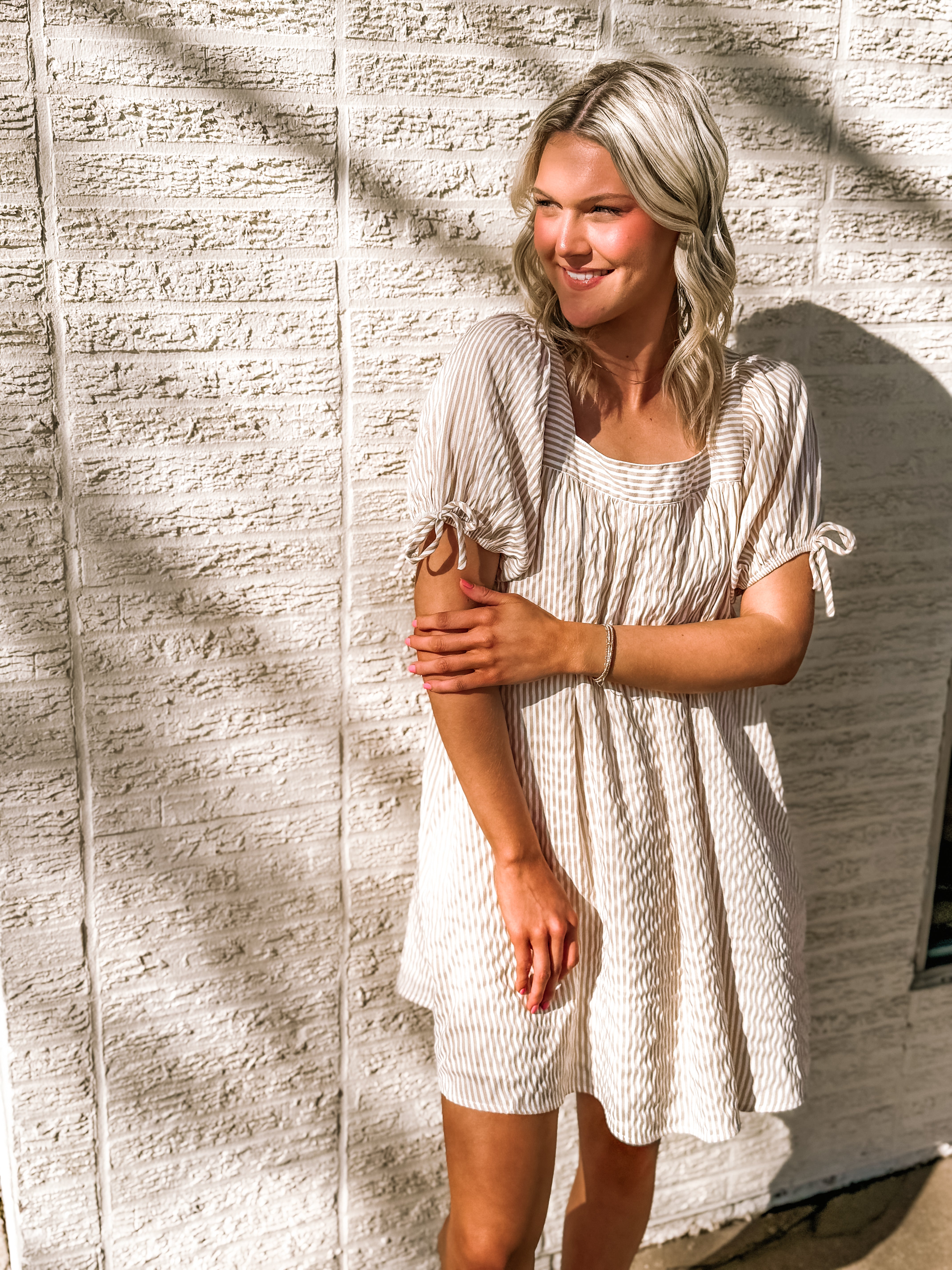 brown pinstripe squareneck dress