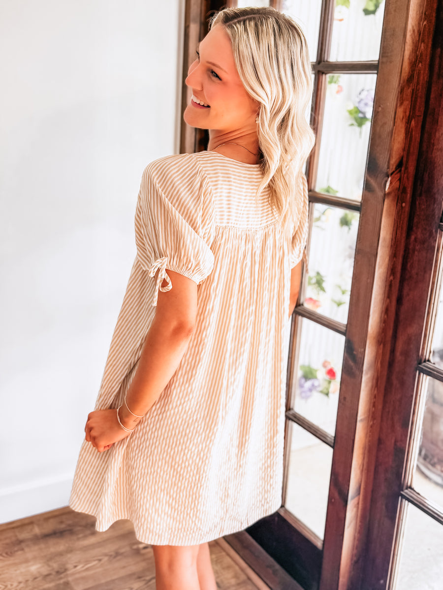 brown pinstripe squareneck dress