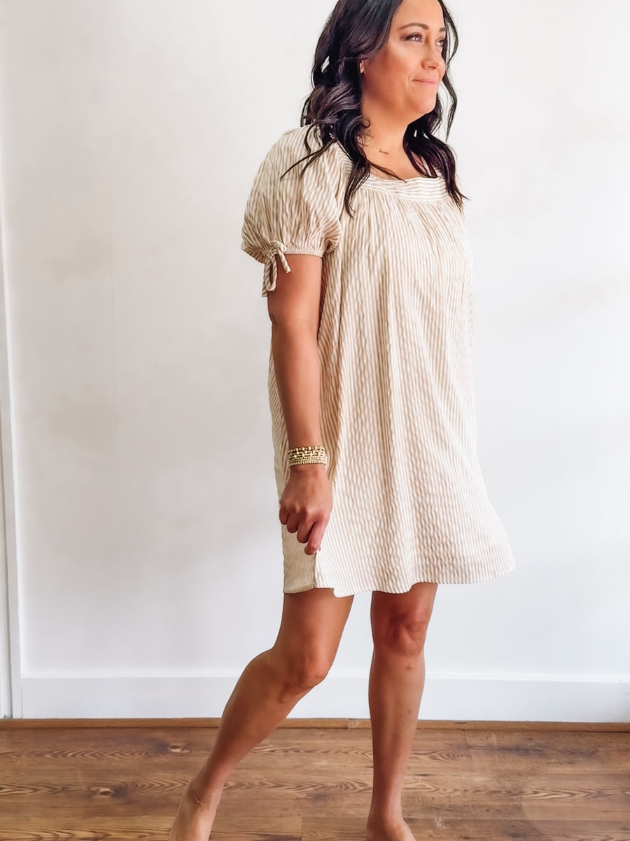 brown pinstripe squareneck dress