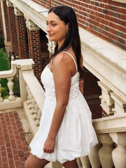 White spaghetti strapped bubble mini dress.