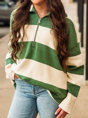 Green and cream striped quarter-zip pullover.