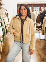 Bonded trim cropped button up sherpa jacket in a camel color.