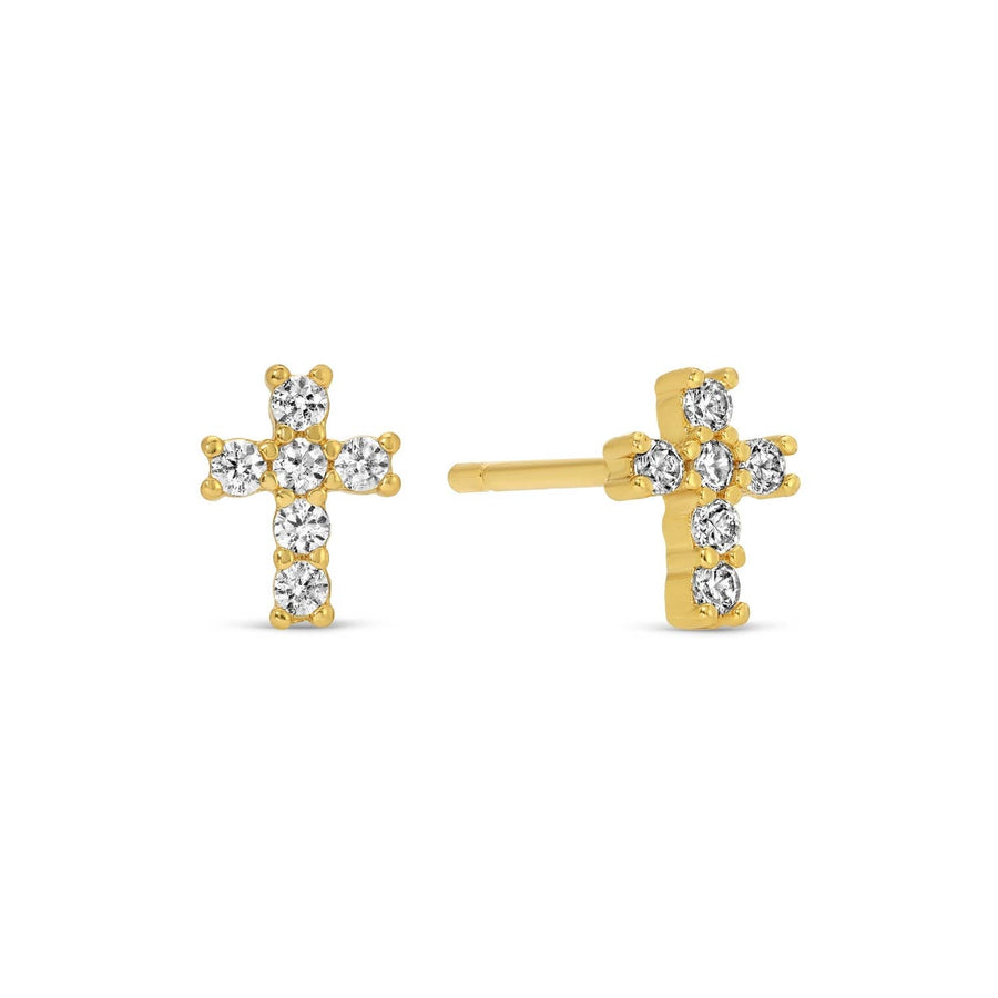 Gold cross-shaped earrings with clear gemstones on a white background