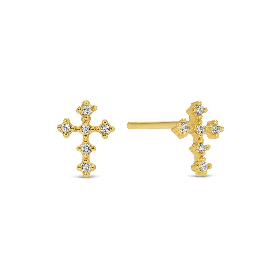 Gold cross-shaped earrings with small diamonds on a white background