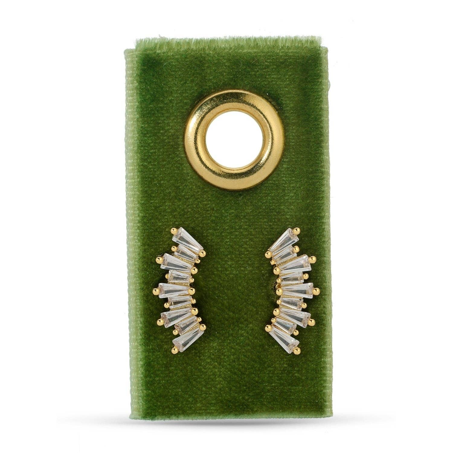 Gold and clear baguette stud earrings on a green earring card with a gold ring.