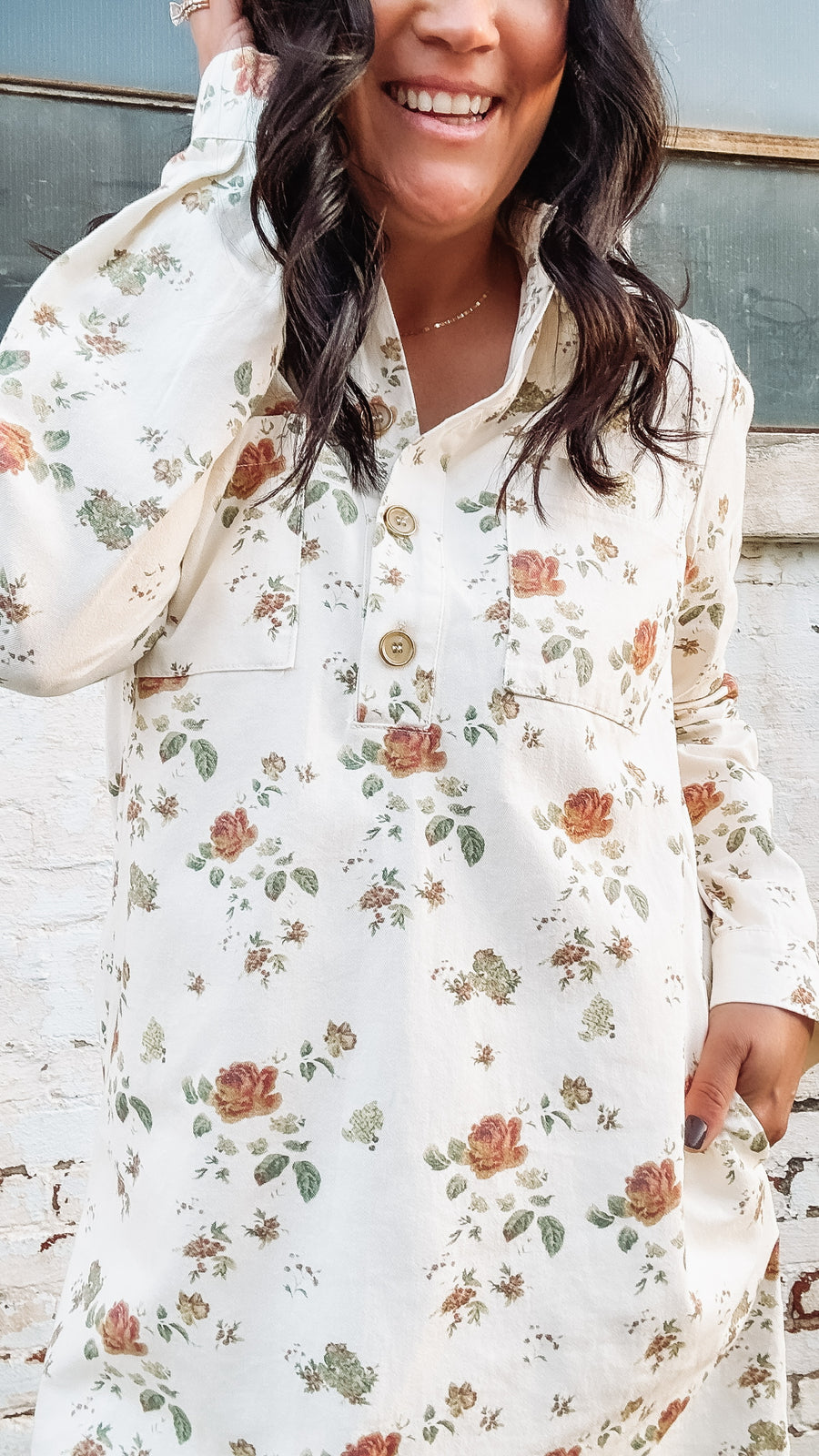 Long sleeve cream denim button up mini  dress with olive and rust florals.