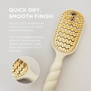 White hairbrush with gold bristle head on a light gray background, featuring text about the TELETIES Vented Brush.