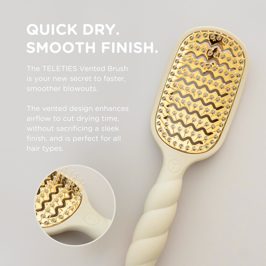 White hairbrush with gold bristle head on a light gray background, featuring text about the TELETIES Vented Brush.