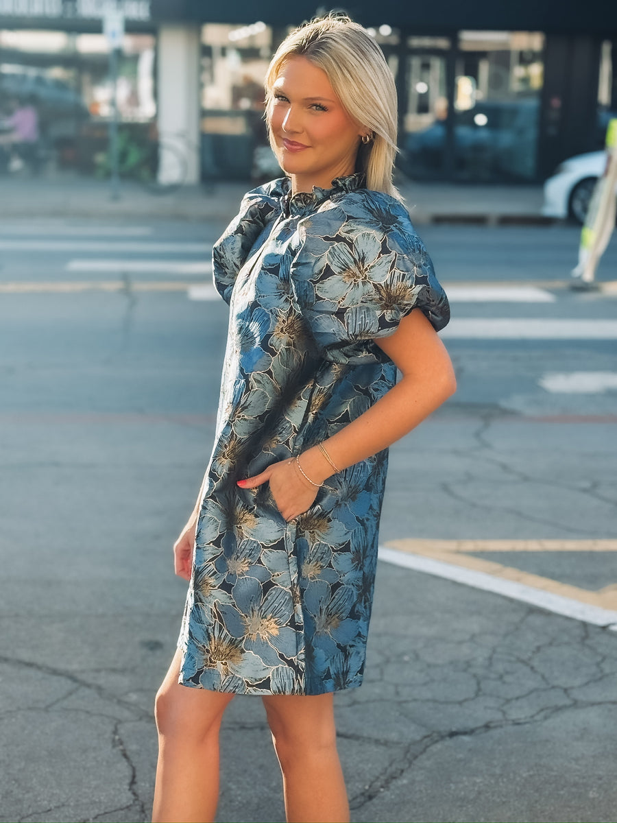 puff sleeve blue and gold floral shimmer mini dress.