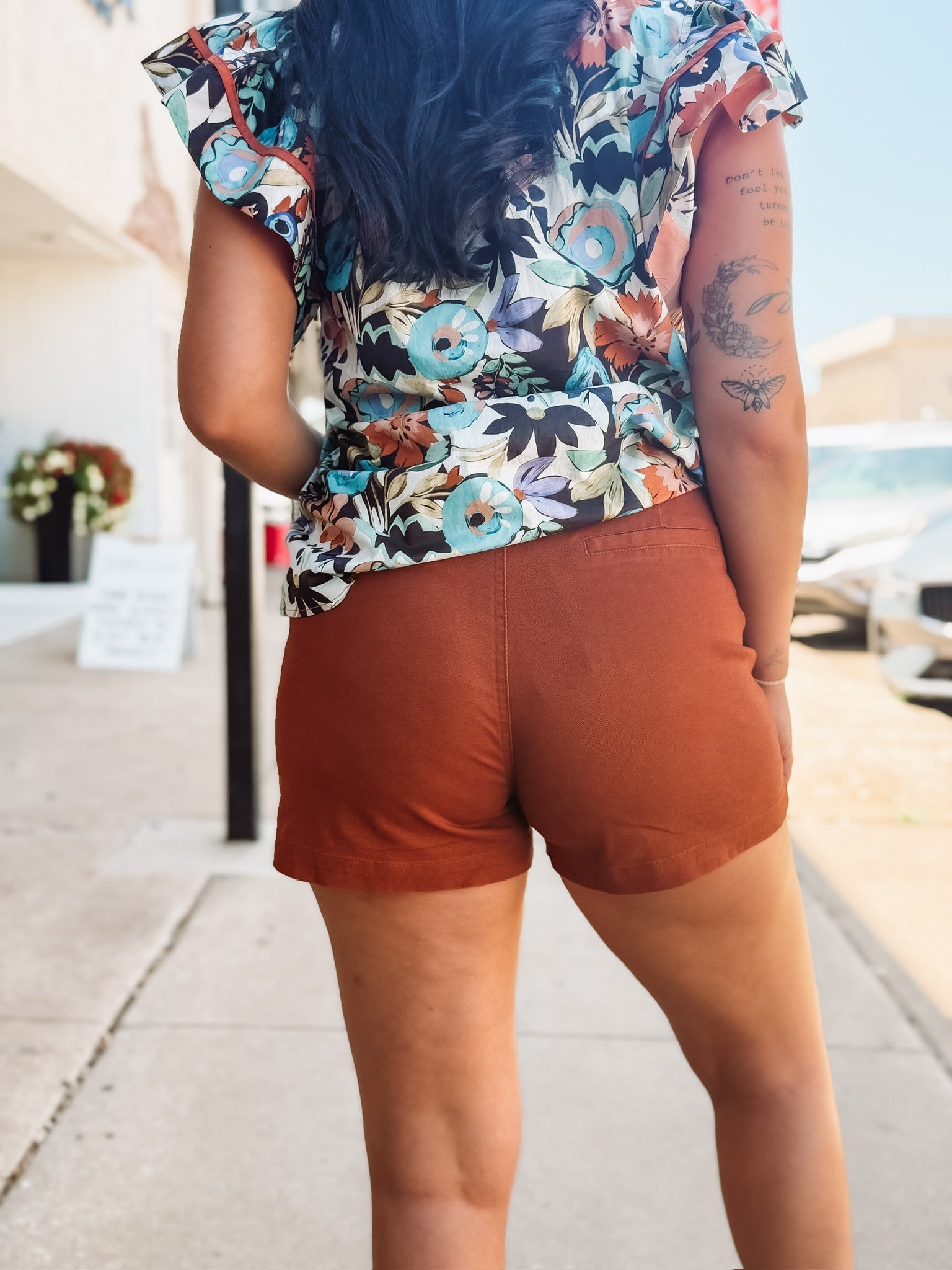 Rust-colored front pocket shorts