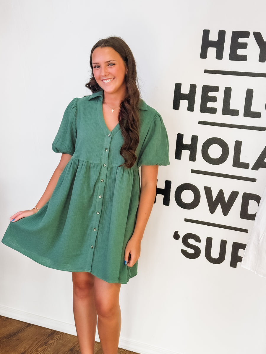 gauze textured green button up mini dress