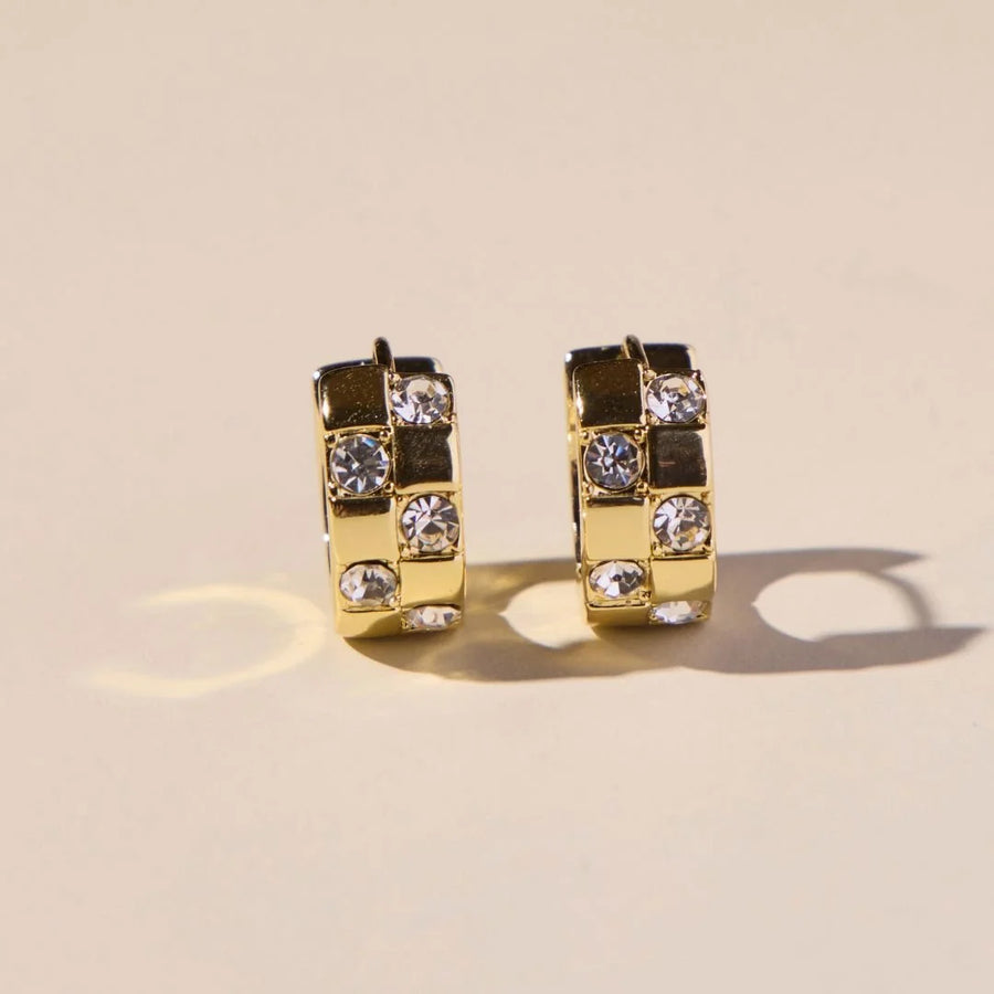 Gold Pavé Checkered Huggie Earrings