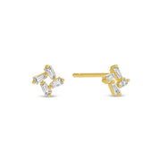 Gold and pave stud earrings on a white background