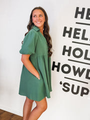 gauze textured green button up mini dress