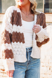 Brown and Cream knitted open front cardigan.