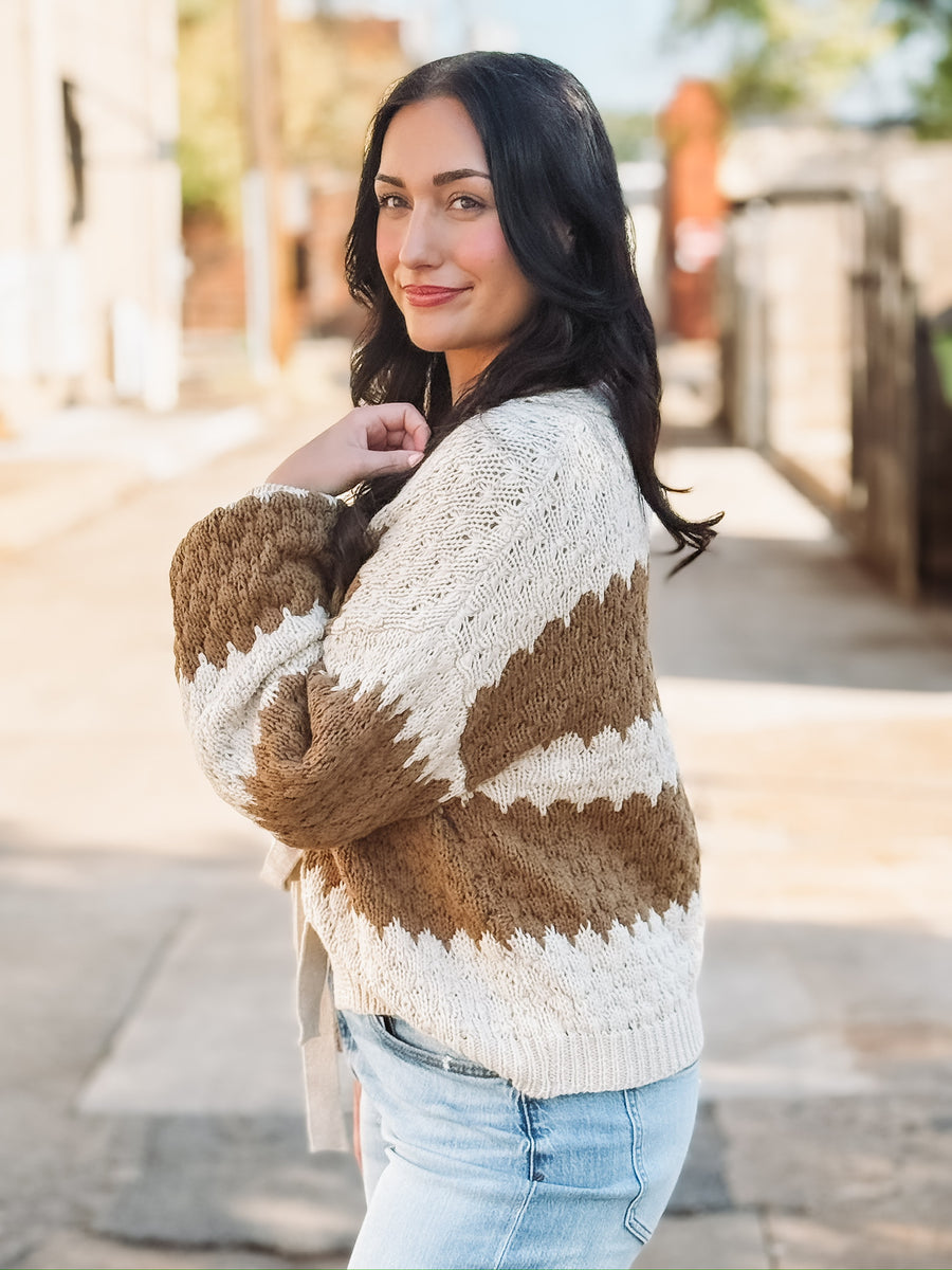 Brown and Cream knitted bow tie front sweater.