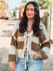 Brown and Cream knitted bow tie front sweater.