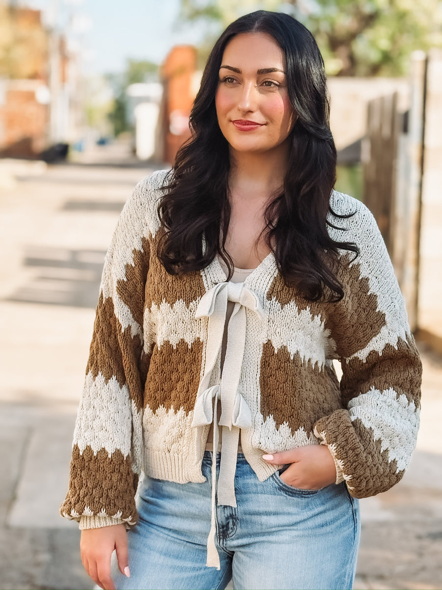 Brown and Cream knitted bow tie front sweater.