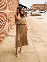 Mocha sleeveless satin midi dress with fold over looking design and mock neckline.