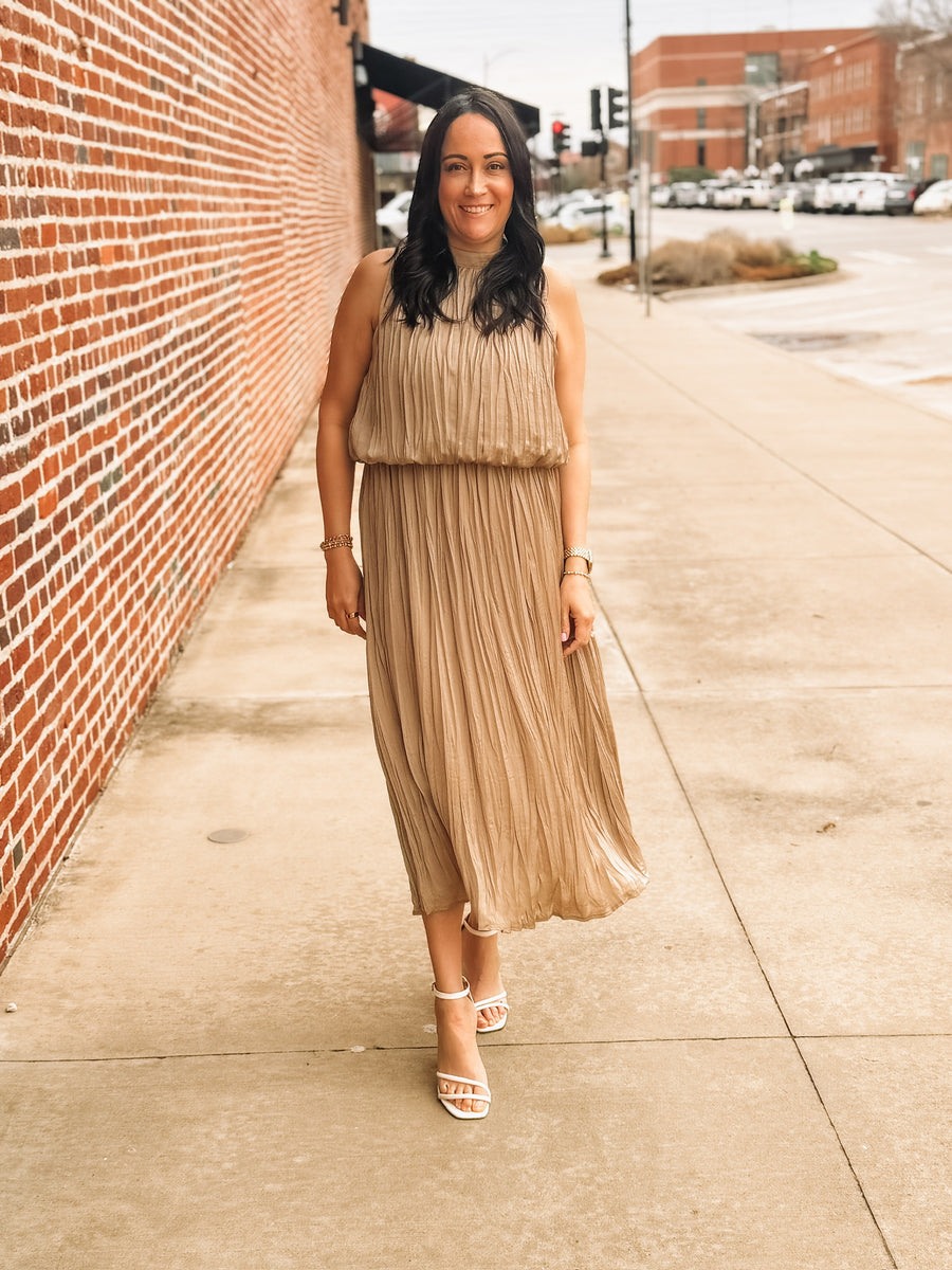 Mocha sleeveless satin midi dress with fold over looking design and mock neckline.