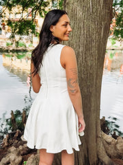 White sleeveless tank dress with seaming by Steve Madden.
