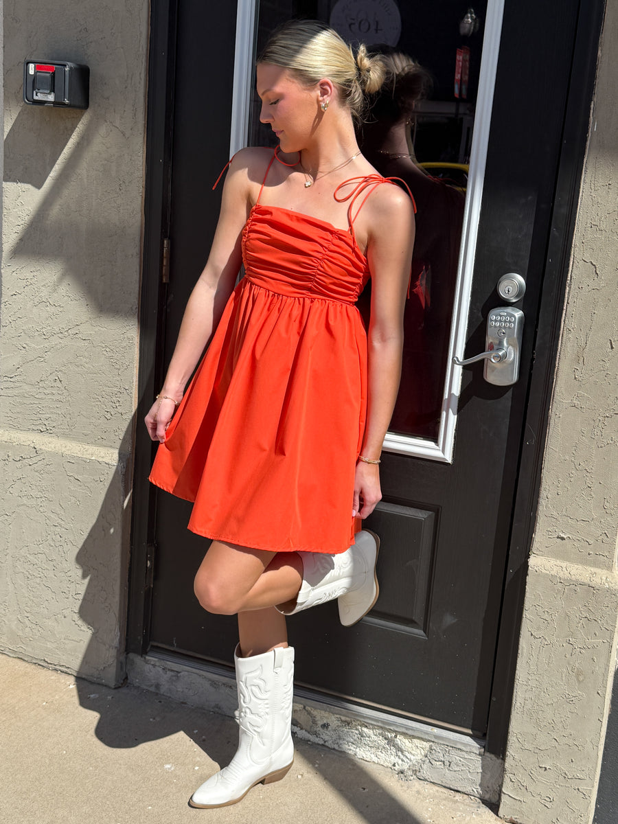 orange self tie mini dress