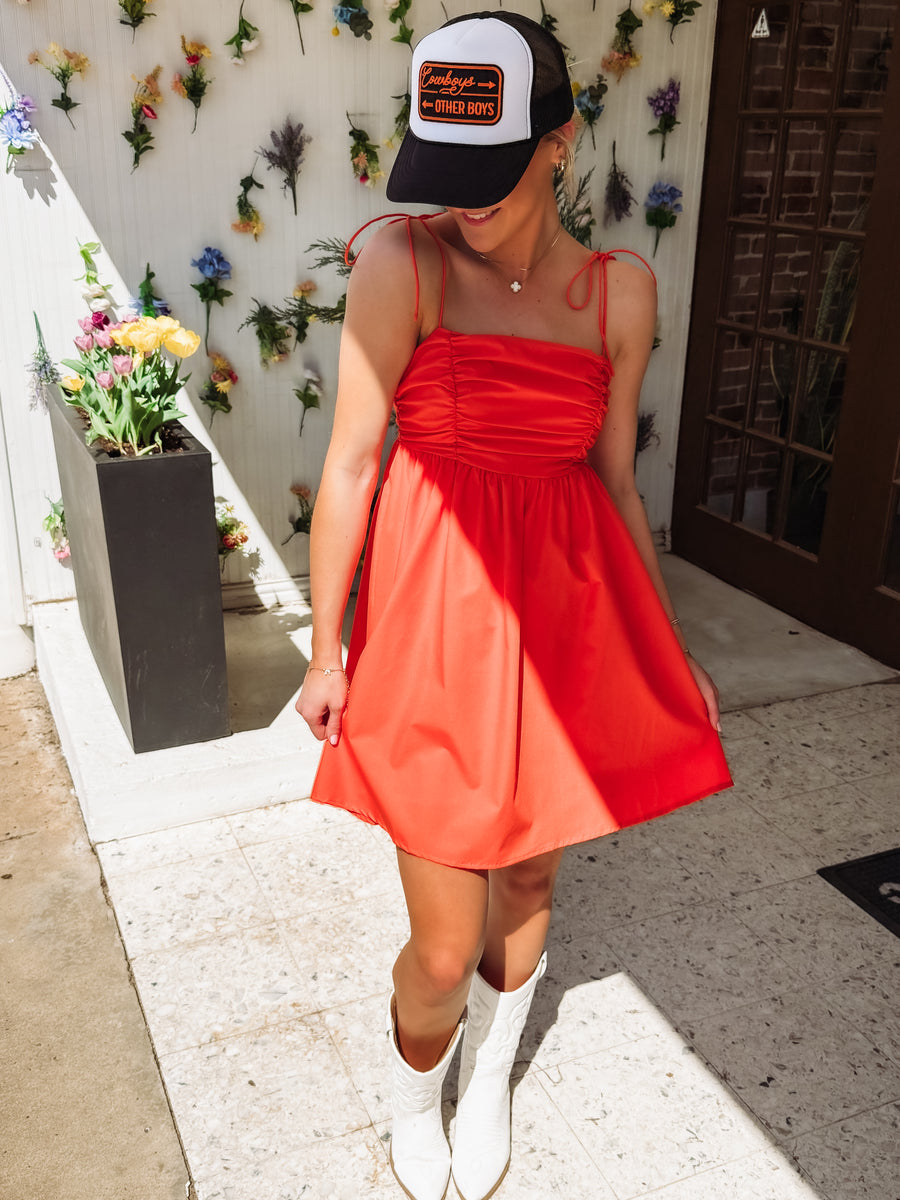 orange self tie mini dress