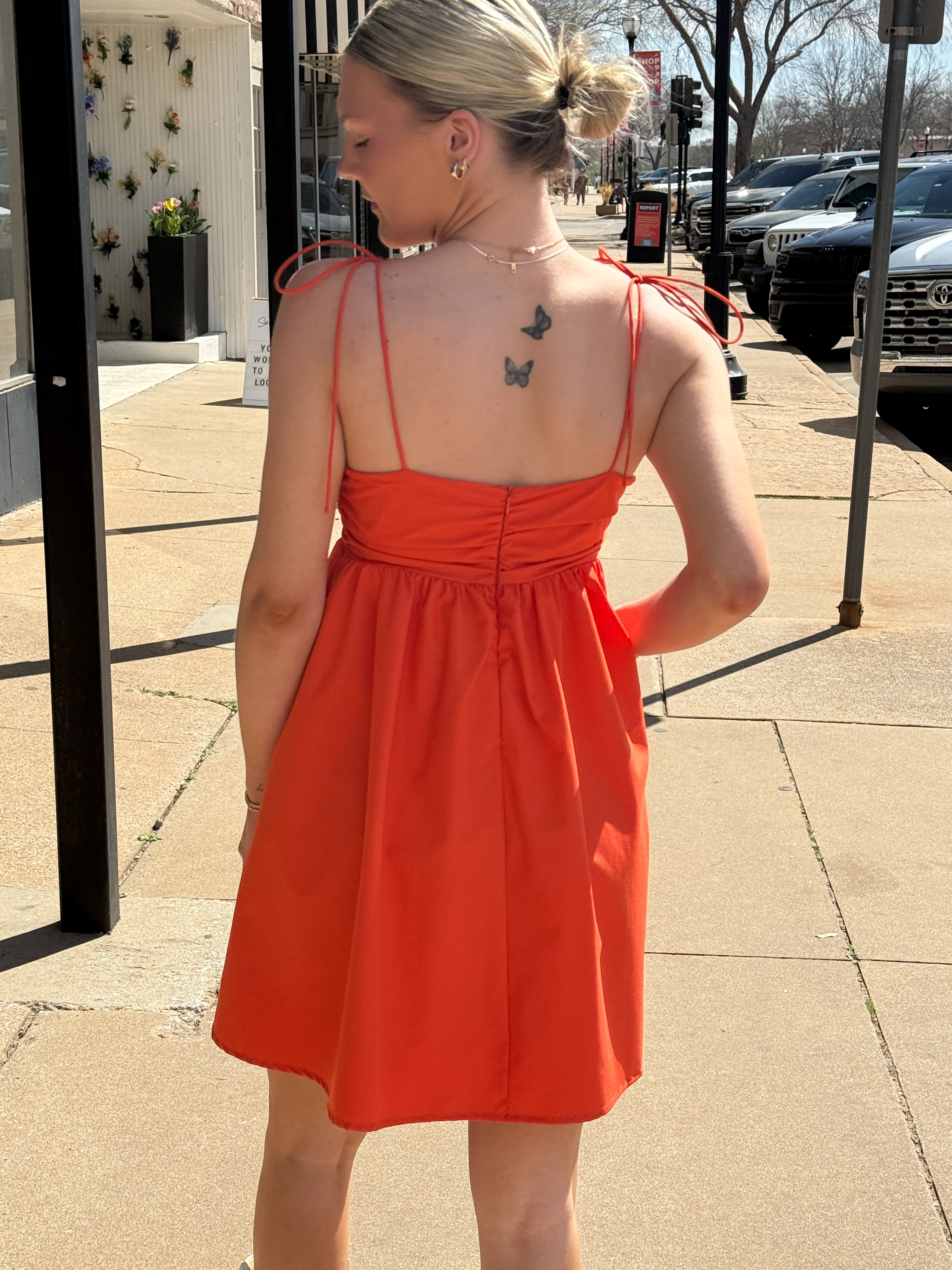 orange self tie mini dress