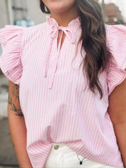 Pink ruffle sleeve pinstriped blouse with a ruffle neckline and a self tie detail.