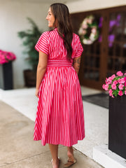 Woman in a pink and red striped dress standing next to a potted plant with pink flowers.
