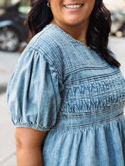  pintuck short puff sleeve mini denim dress