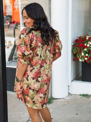 Leaf printed floral short sleeve v neck  mini dress.