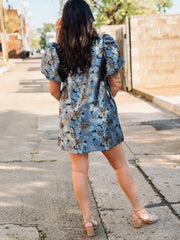 puff sleeve blue and gold floral shimmer mini dress.