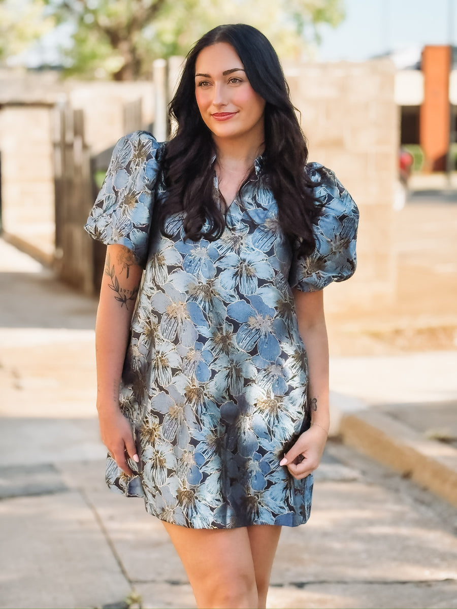 puff sleeve blue and gold floral shimmer mini dress.