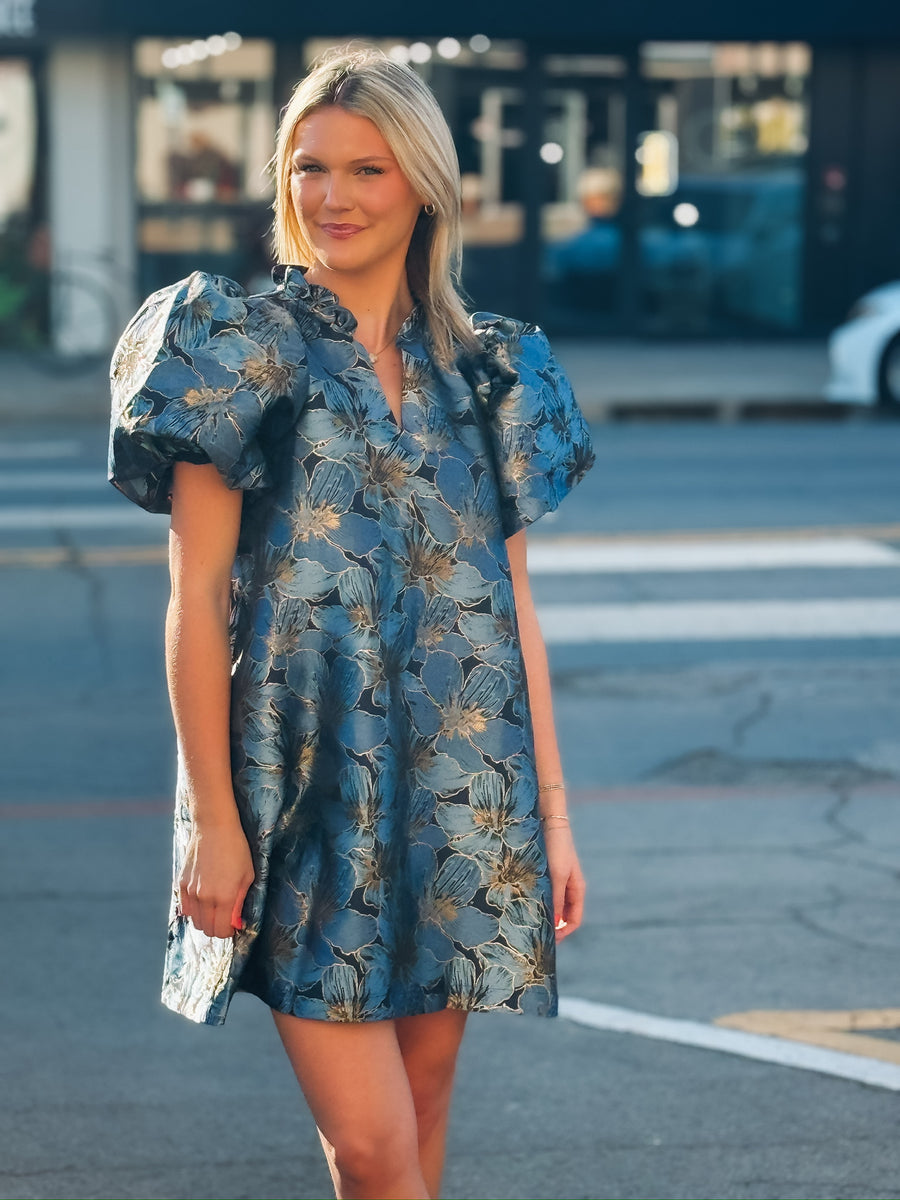 puff sleeve blue and gold floral shimmer mini dress.