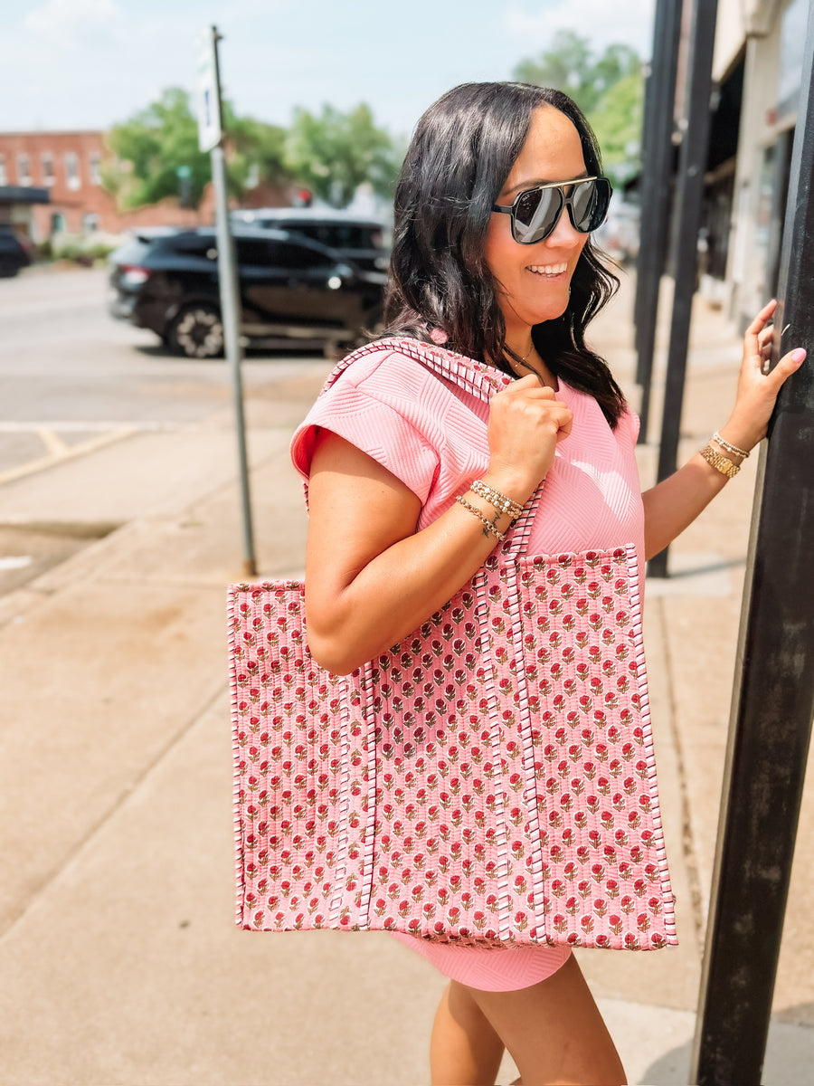 quilted tote bag in rose garden