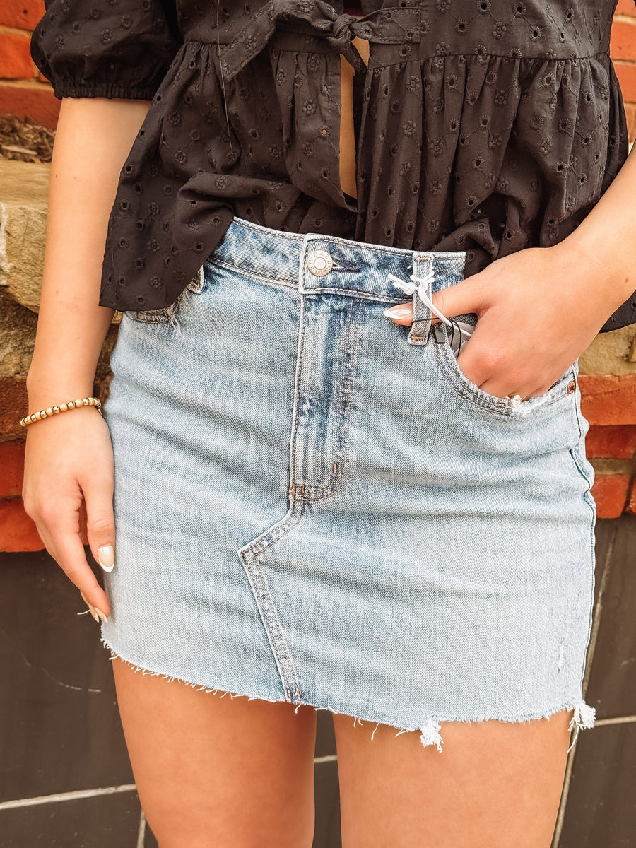 raw hem denim mini skirt