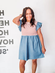 Mixed media dress with red and white stripes along the bust and a denim base with ruffle detail.