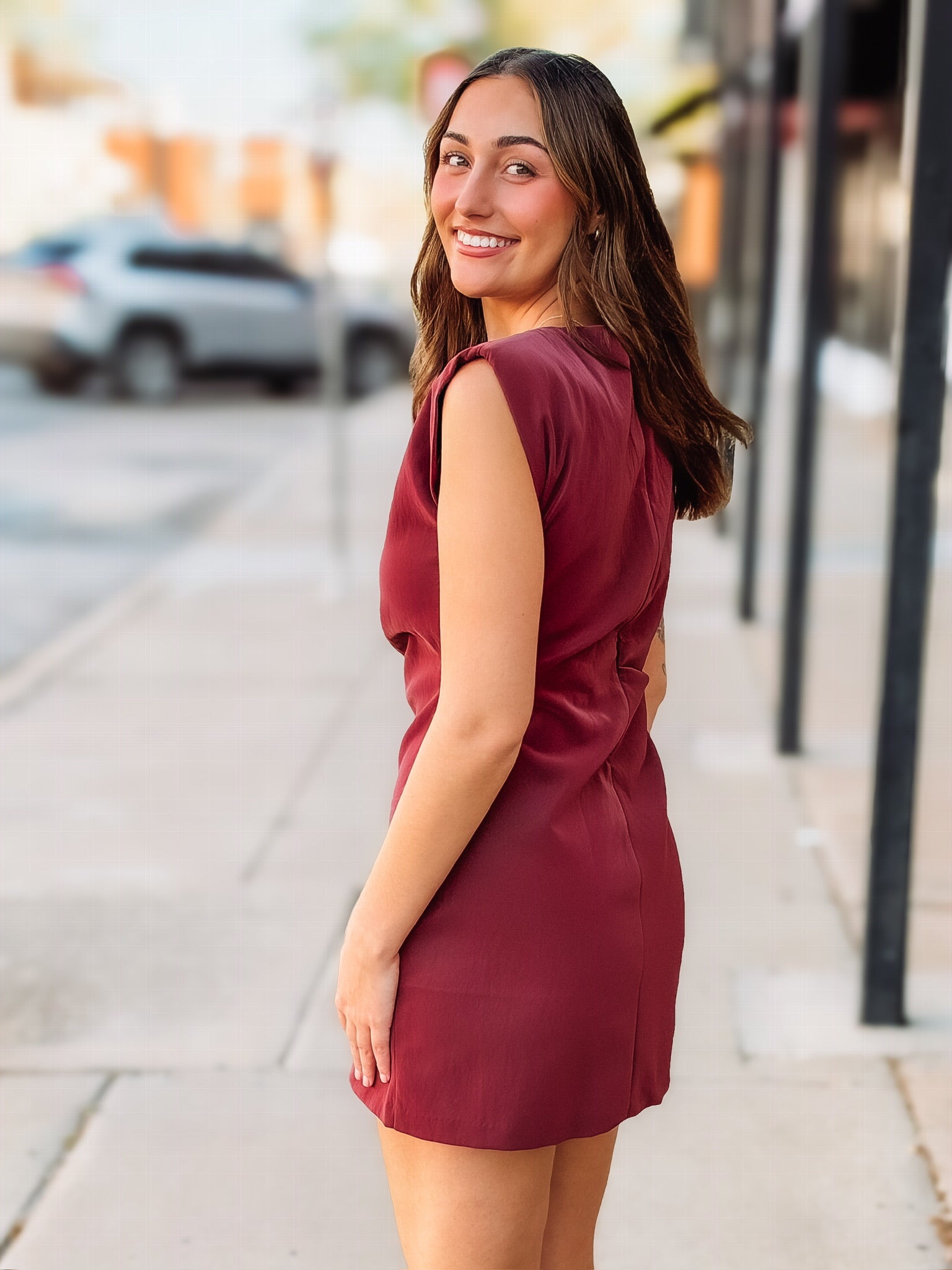 ruched detail burgundy mini dress