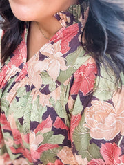 Leaf printed floral short sleeve v neck  mini dress.