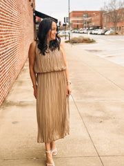 Mocha sleeveless satin midi dress with fold over looking design and mock neckline.