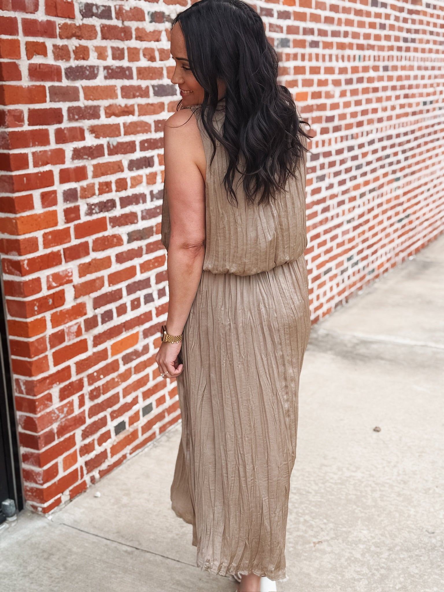 Mocha sleeveless satin midi dress with fold over looking design and mock neckline.