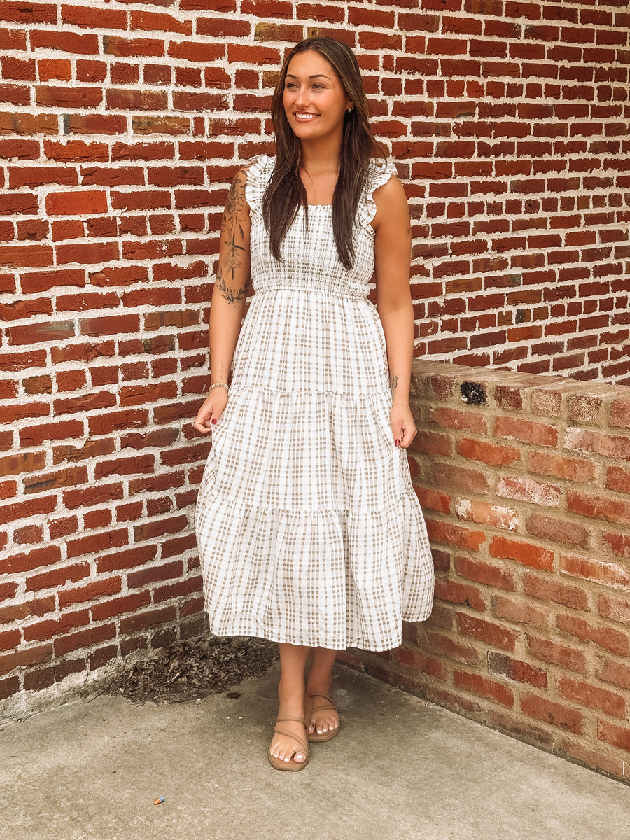 Brown and White Plaid Midi Dress M Brown and White Plaid Midi Dress M
