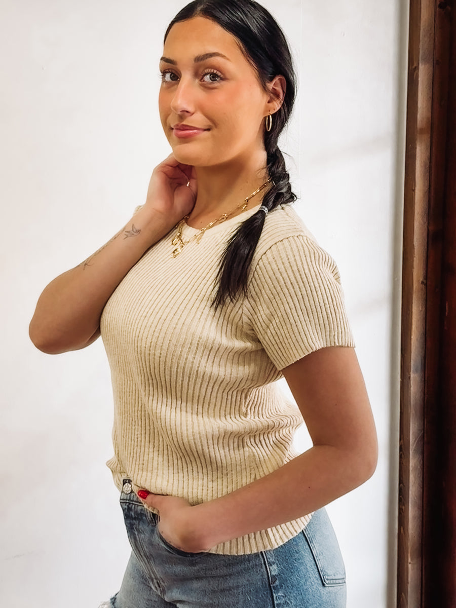Taupe ribbed knit short sleeve.