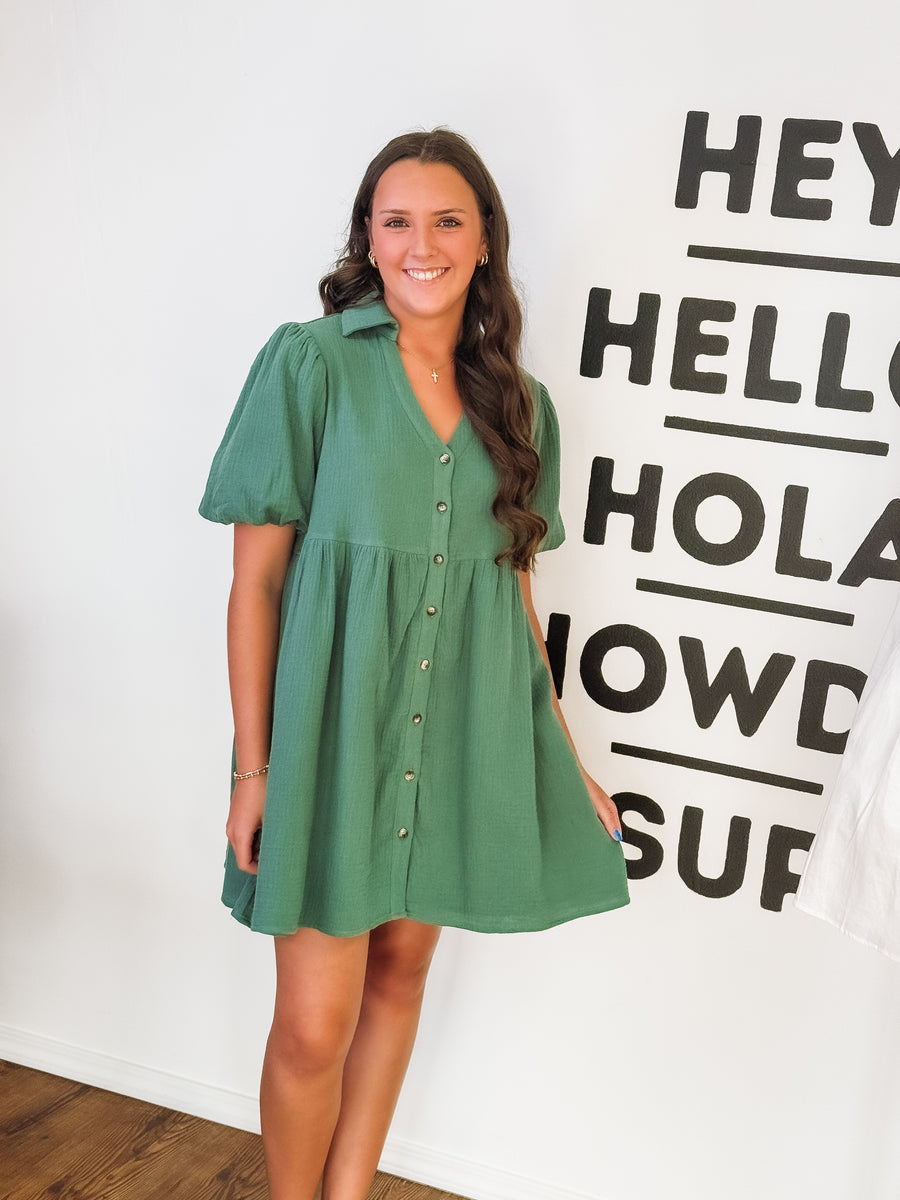 gauze textured green button up mini dress