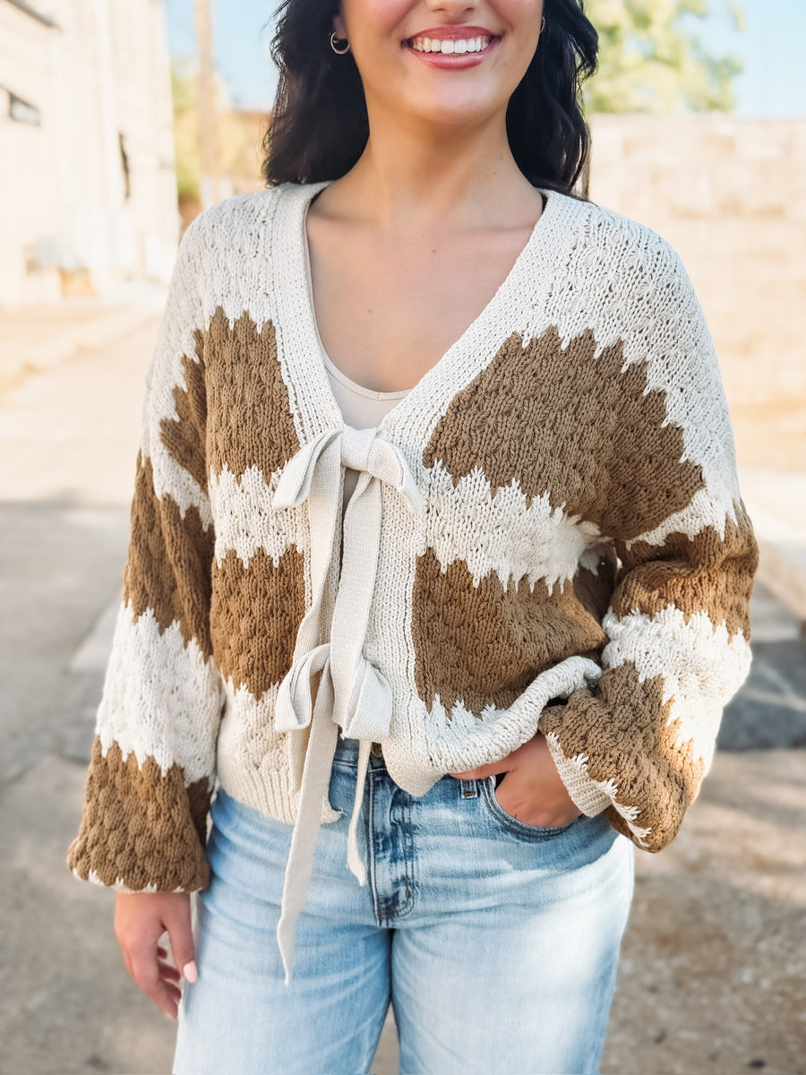 Brown and Cream knitted bow tie front sweater.