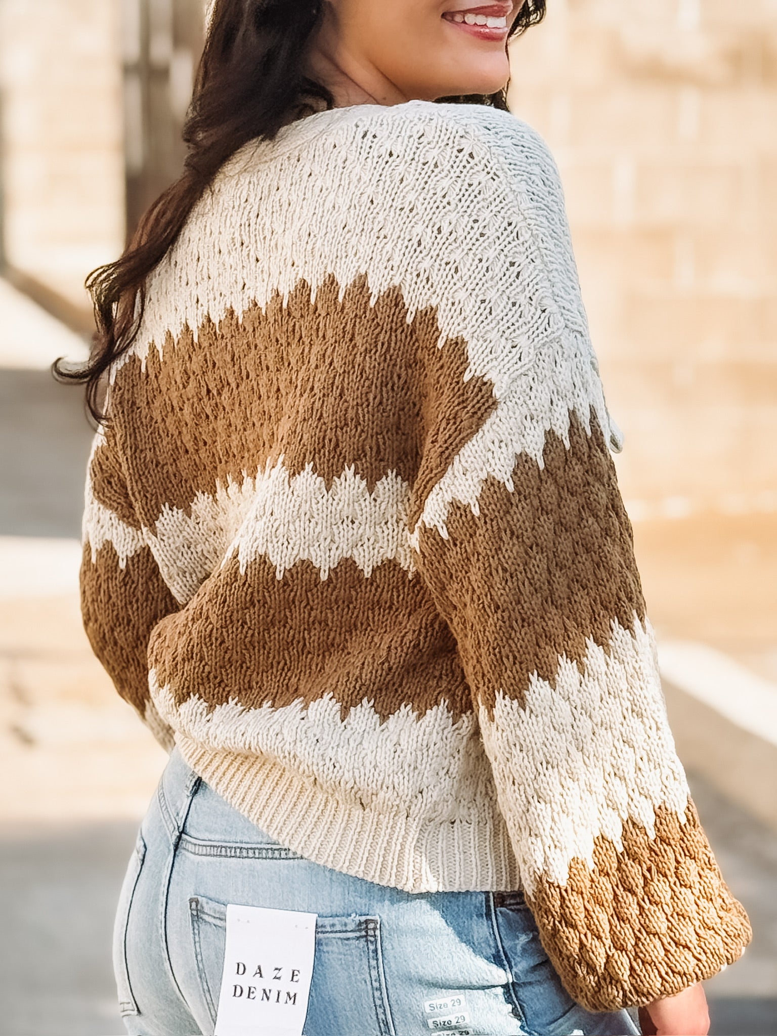 Brown and Cream knitted bow tie front sweater.