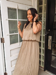 Mocha sleeveless satin midi dress with fold over looking design and mock neckline.