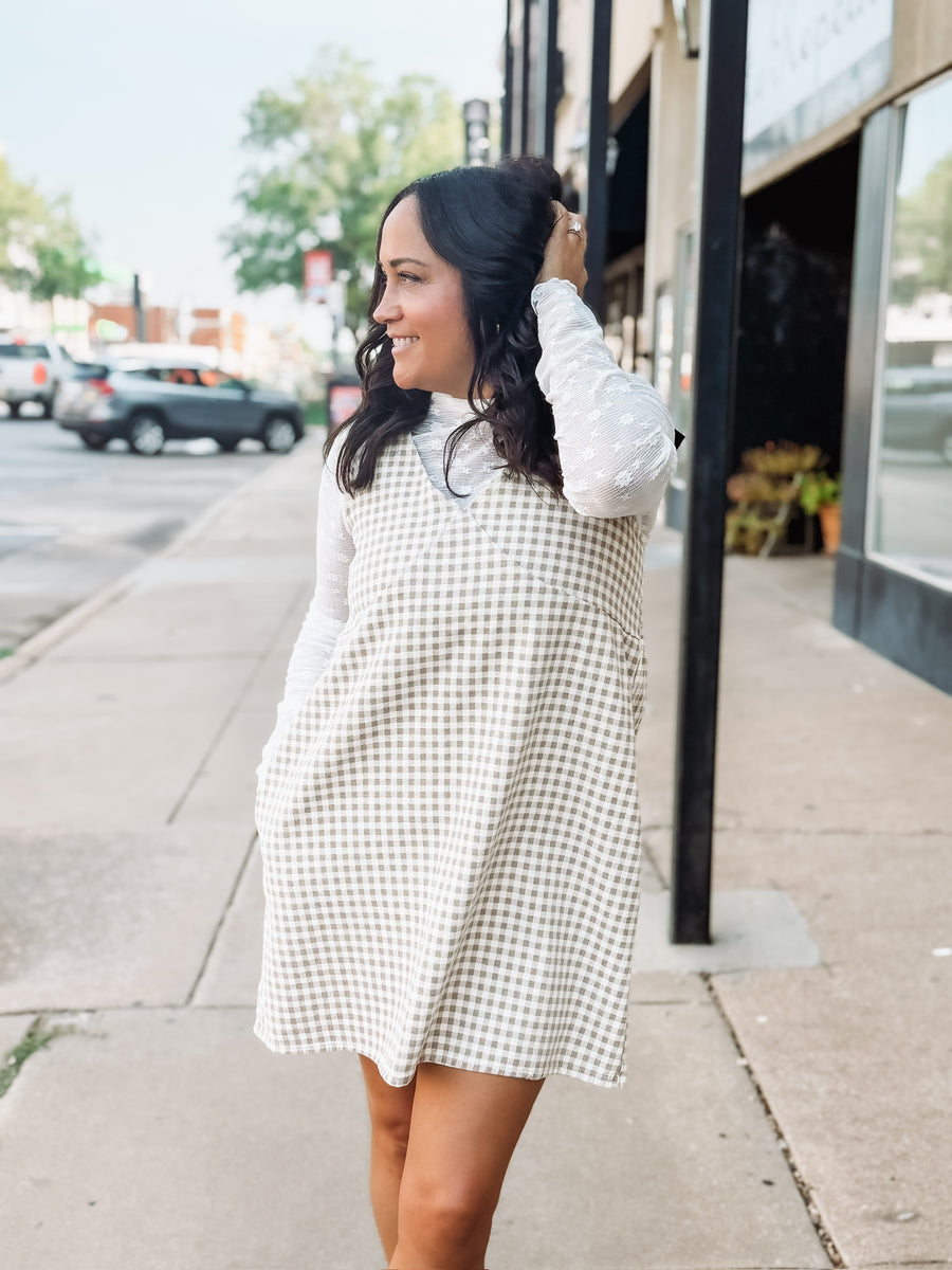 Cream and brown gingham denim feeling tank dress.
