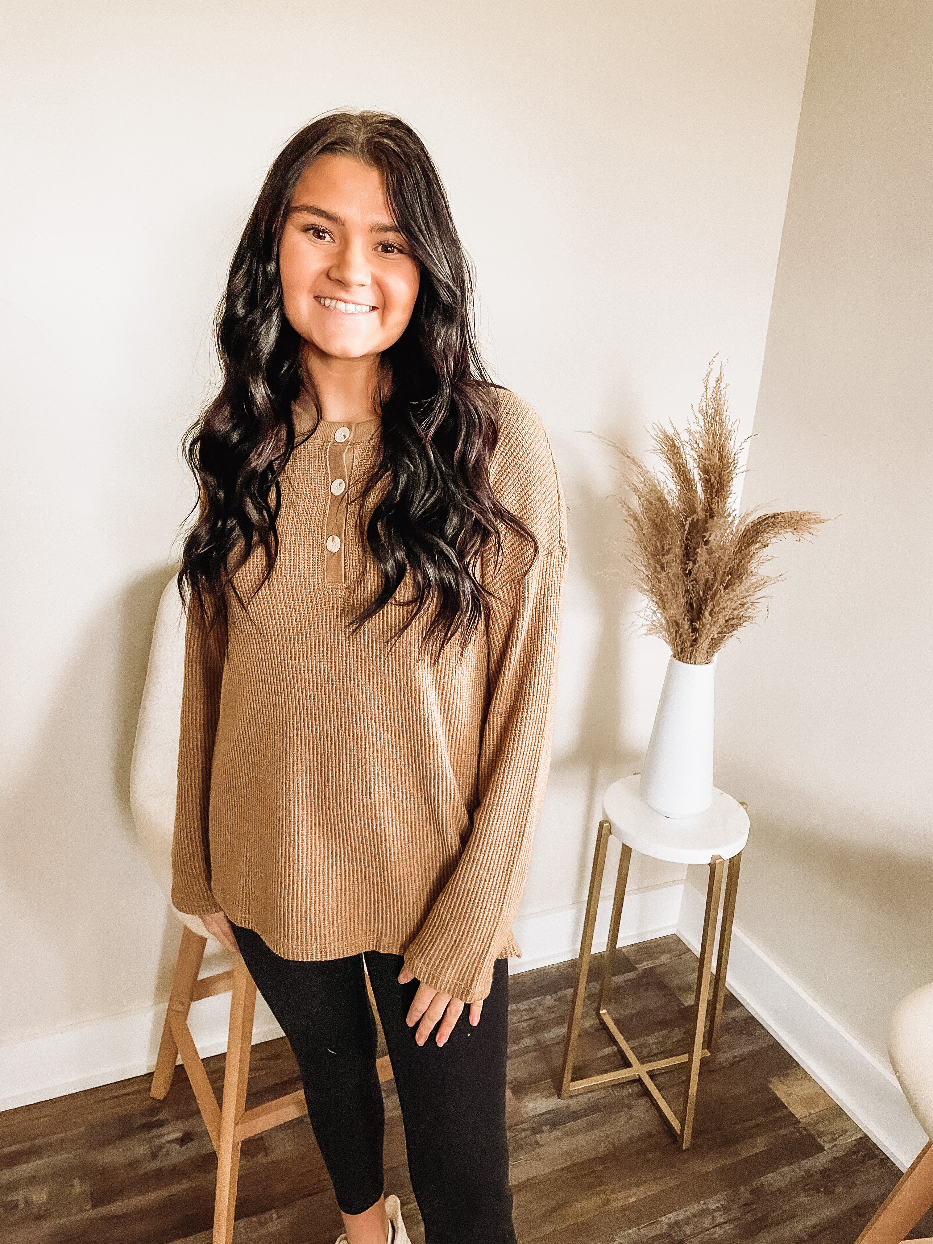 tan button long sleeve
